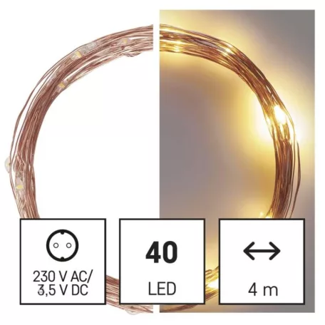 LED karácsonyi nano fényfüzér, réz, 4 m, kültéri és beltéri, meleg fehér, időzítő