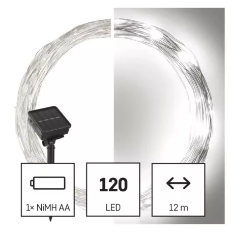 LED nano lánc napelemmel, réz, 12 m, kültéri és beltéri, hideg fehér, időzítő