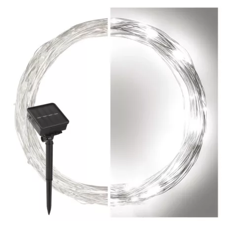 LED nano lánc napelemmel, réz, 12 m, kültéri és beltéri, hideg fehér, időzítő