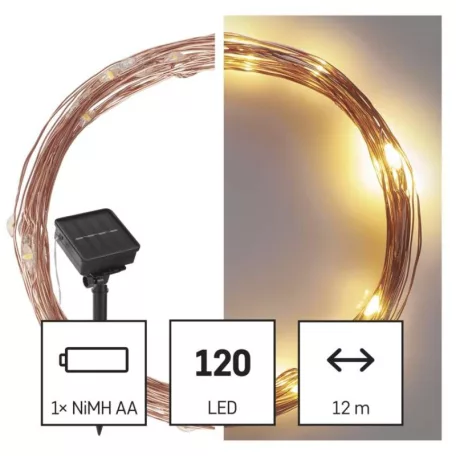 LED nano lánc napelemmel, réz, 12 m, kültéri és beltéri, meleg fehér, időzítő
