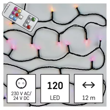 LED karácsonyi fényfüzér, 12 m, kültéri és beltéri, RGB, távirányító, programok, időzítő