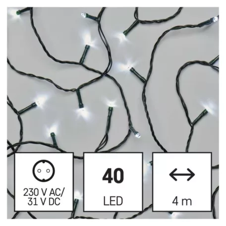 LED karácsonyi fényfüzér, 4 m, kültéri és beltéri, hideg fehér, progr, időz.
