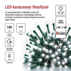  LED karácsonyi fényfüzér, 12 m, kültéri és beltéri, hideg fehér, progr, időz.
