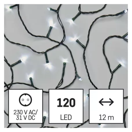LED karácsonyi fényfüzér, 12 m, kültéri és beltéri, hideg fehér, progr, időz.