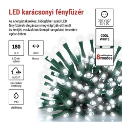   LED karácsonyi fényfüzér, 18 m, kültéri és beltéri, hideg fehér, progr, időz.