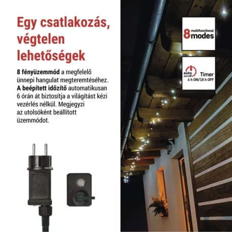 LED karácsonyi fényfüzér, 18 m, kültéri és beltéri, hideg fehér, progr, időz.