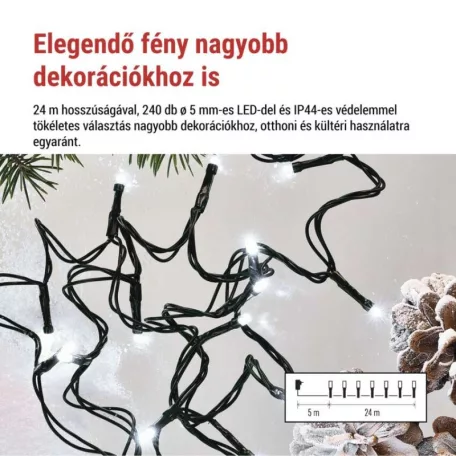 LED karácsonyi fényfüzér, 24 m, kültéri és beltéri, hideg fehér, progr, időz.
