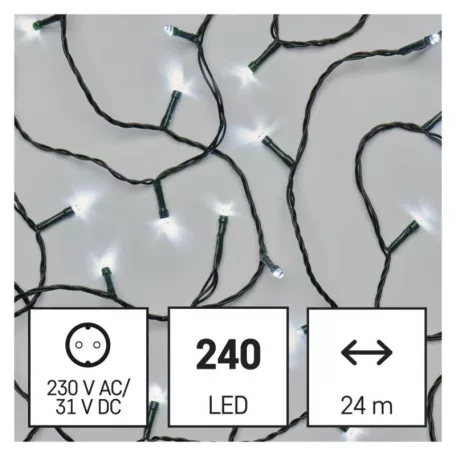 LED karácsonyi fényfüzér, 24 m, kültéri és beltéri, hideg fehér, progr, időz.