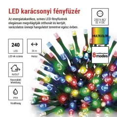   LED karácsonyi fényfüzér, 24 m, kültéri és beltéri, többszínű, progr, időz.