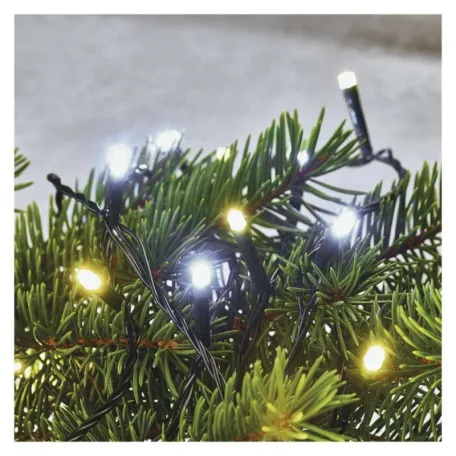 LED karácsonyi fényfüzér, villogó, 12 m, kültéri és beltéri, meleg/hideg fehér, időzítő