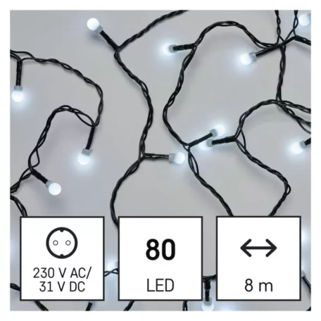 LED karácsonyi fényfüzér, cseresznye – golyók, 8 m, kültéri és beltéri, hideg fehér, időz.