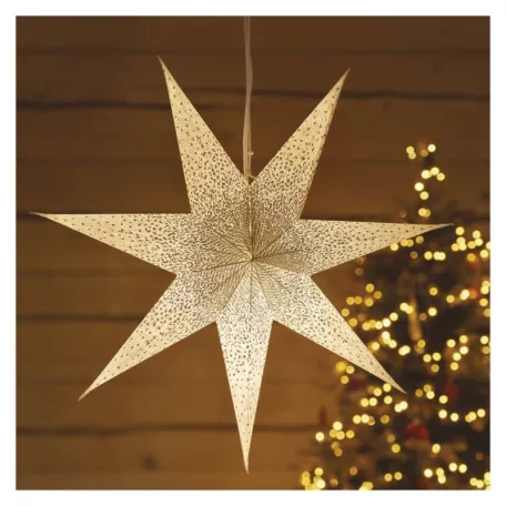 LED papírcsillag, függeszthető, ezüst csillámporos középen, fehér, 60 cm, beltéri