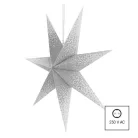 LED papírcsillag, függeszthető, ezüst csillámporos középen, fehér, 60 cm, beltéri