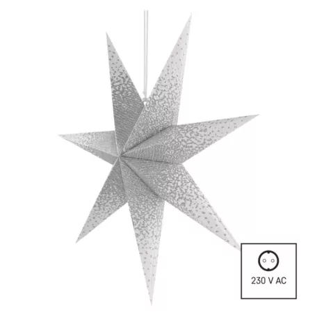 LED papírcsillag, függeszthető, ezüst csillámporos középen, fehér, 60 cm, beltéri