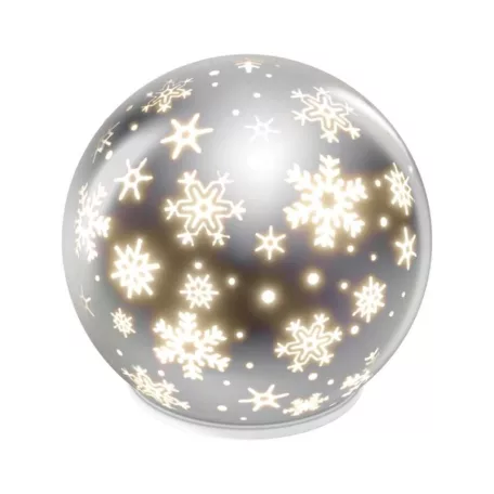 LED karácsonyi üveggömb – hópelyhek, 12 cm, 3x AA, beltéri, meleg fehér, időzítő