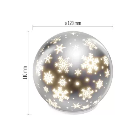 LED karácsonyi üveggömb – hópelyhek, 12 cm, 3x AA, beltéri, meleg fehér, időzítő