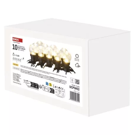 LED fényfüzér – 10x party égő, átlátszó, 5 m, kültéri és beltéri, meleg fehér
