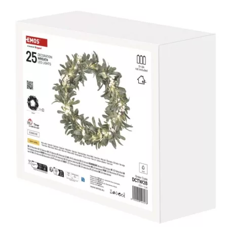 LED dekoráció - fagyöngy koszorú, 3x AA, meleg fehér, időzítő