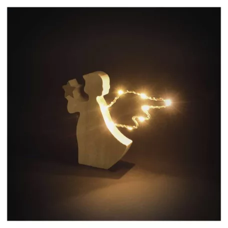 LED dekoráció, fa -angyal, 13 cm, 2x AAA, beltéri, meleg fehér, időzítő
