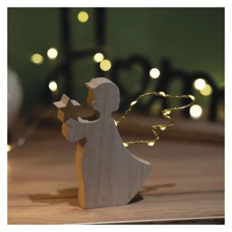 LED dekoráció, fa -angyal, 13 cm, 2x AAA, beltéri, meleg fehér, időzítő