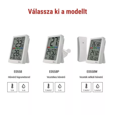 Digitális hőmérő páratartalom-mérővel, vezeték nélküli érzékelővel, óra, dátum E0558W