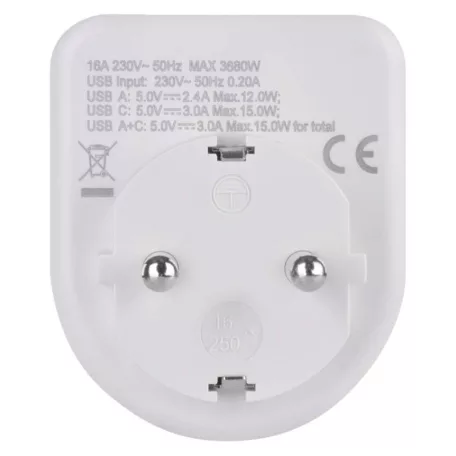 Aljzat elágazó 1×, 1×USB-A+1×USB-C, fehér