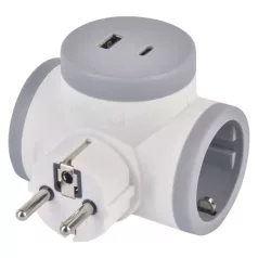 Aljzat elágazó 2×, 1×USB-A+1×USB-C, fehér-szürke