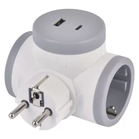 Aljzat elágazó 2×, 1×USB-A+1×USB-C, fehér-szürke