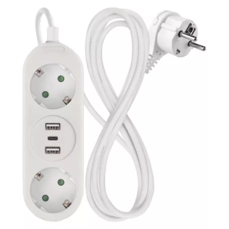 Hosszabbító 1,4 m / 2 aljzat+2×USB-A+1×USB-C / fehér / PVC / 1,5 mm2
