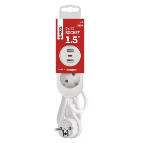 EMOS HOSSZABBÍTÓ 2ALJ.+2×USB A+1×USB C, 1,5M