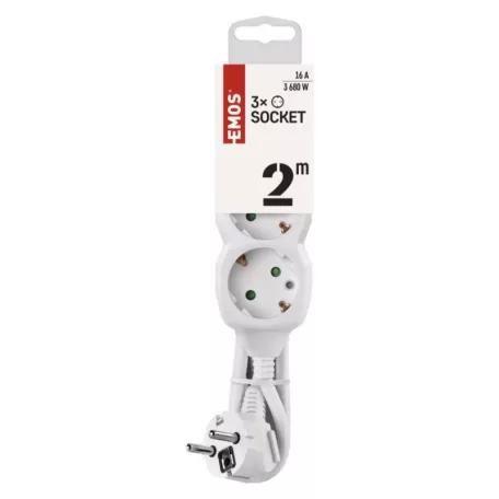 Hosszabbító 2 m / 3 aljzat / fehér / PVC / 1 mm2