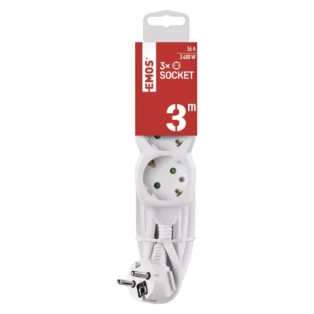 Hosszabbító 3 m / 3 aljzat / fehér / PVC / 1,5 mm2