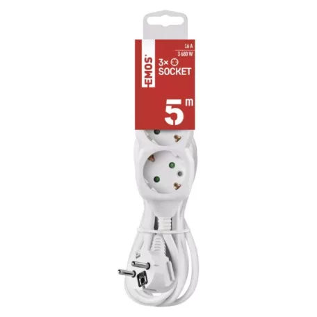 Hosszabbító 5 m / 3 aljzat / fehér / PVC / 1,5 mm2