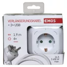Hosszabbító - kocka 1,9 m / 4 aljzat / fehér / PVC / USB / 1,5 mm2