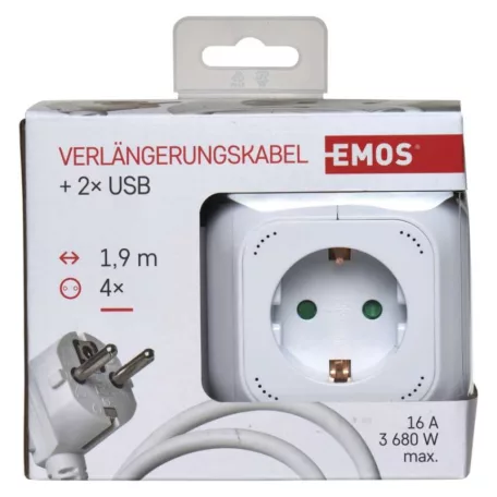 Hosszabbító - kocka 1,9 m / 4 aljzat / fehér / PVC / USB / 1,5 mm2