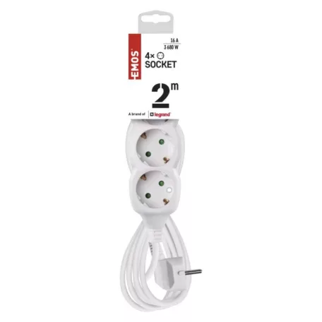 Hosszabbító 2 m  /  4 aljzat  /  fehér  /  PVC  /  1 mm2