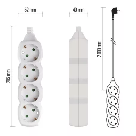 Hosszabbító 2 m  /  4 aljzat  /  fehér  /  PVC  /  1 mm2