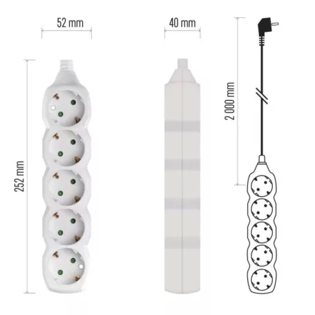 Hosszabbító 2 m  /  5 aljzat  /  fehér  /  PVC  /  1 mm2
