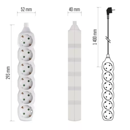 Hosszabbító 1,4 m  /  6 aljzat  /  fehér  /  PVC  /  1 mm2