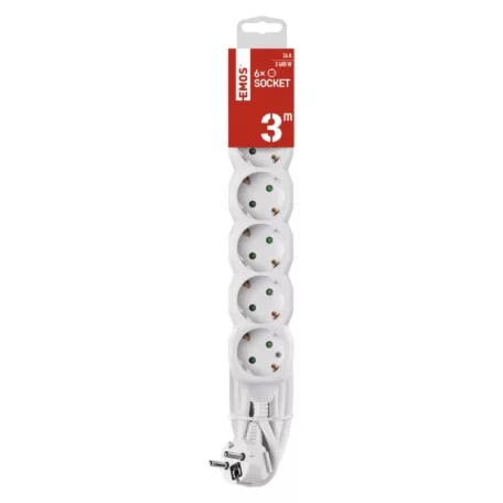 Hosszabbító 3 m / 6 aljzat / fehér / PVC / 1,5 mm2