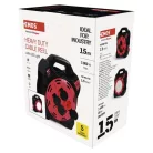 Kültéri kábeldob 15 m / 4 aljzat / gumi-neoprén / 230 V / 1,5 mm2 LED fényvisszaverővel