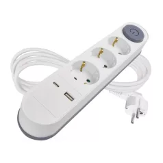   Hosszabbító 2 m / 3 aljzat / kapcsolós / fehér / 1× USB-A + 1× USB-C  / 1,5 mm2