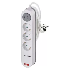   Hosszabbító 2 m / 3 aljzat / kapcsolós / fehér / 1× USB-A + 1× USB-C  / 1,5 mm2