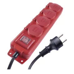   Hosszabbító 3 m / 4 aljzat / kapcsolós / fekete-piros / gumi-neoprén / 1,5 mm2