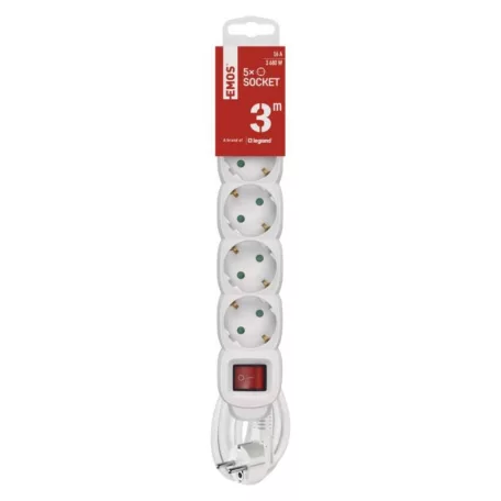 Hosszabbító 3 m / 5 aljzat / kapcsolós / fehér / PVC / 1,5 mm2