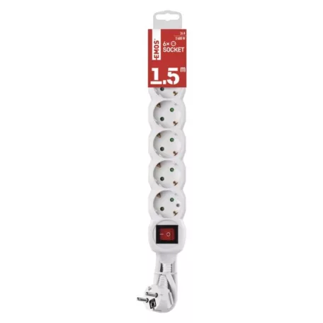 Hosszabbító 1,5 m / 6 aljzat / kapcsolós / fehér / PVC / 1,5 mm2