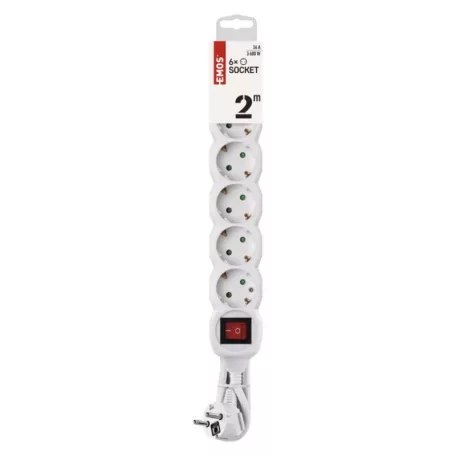 Hosszabbító 2 m / 6 aljzat / kapcsolós / fehér / PVC / 1 mm2