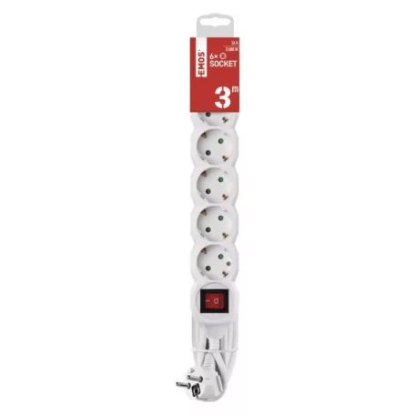 Hosszabbító 3 m / 6 aljzat / kapcsolós / fehér / PVC / 1,5 mm2