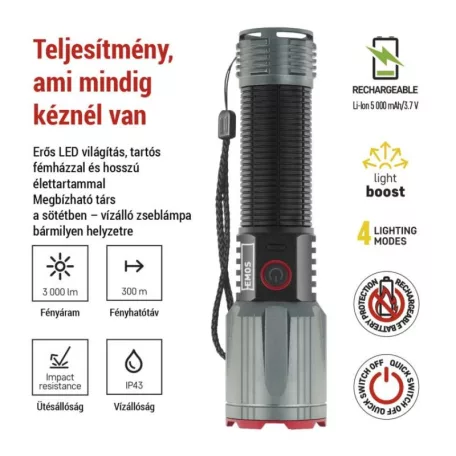 EMOS LED tölthető fém zseblámpa 3000 lm, 5000 mAh