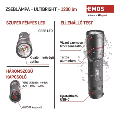 EMOS ULTIBRIGHT 90 CREE LED tölthető fém zseblámpa, 1200lm
